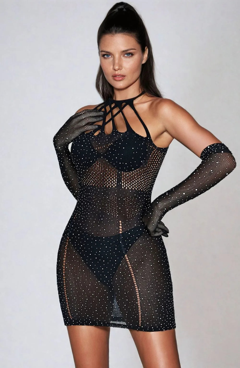 Black Rhinestone Fishnet Mini Dress | Sheer Halter Lingerie Dress