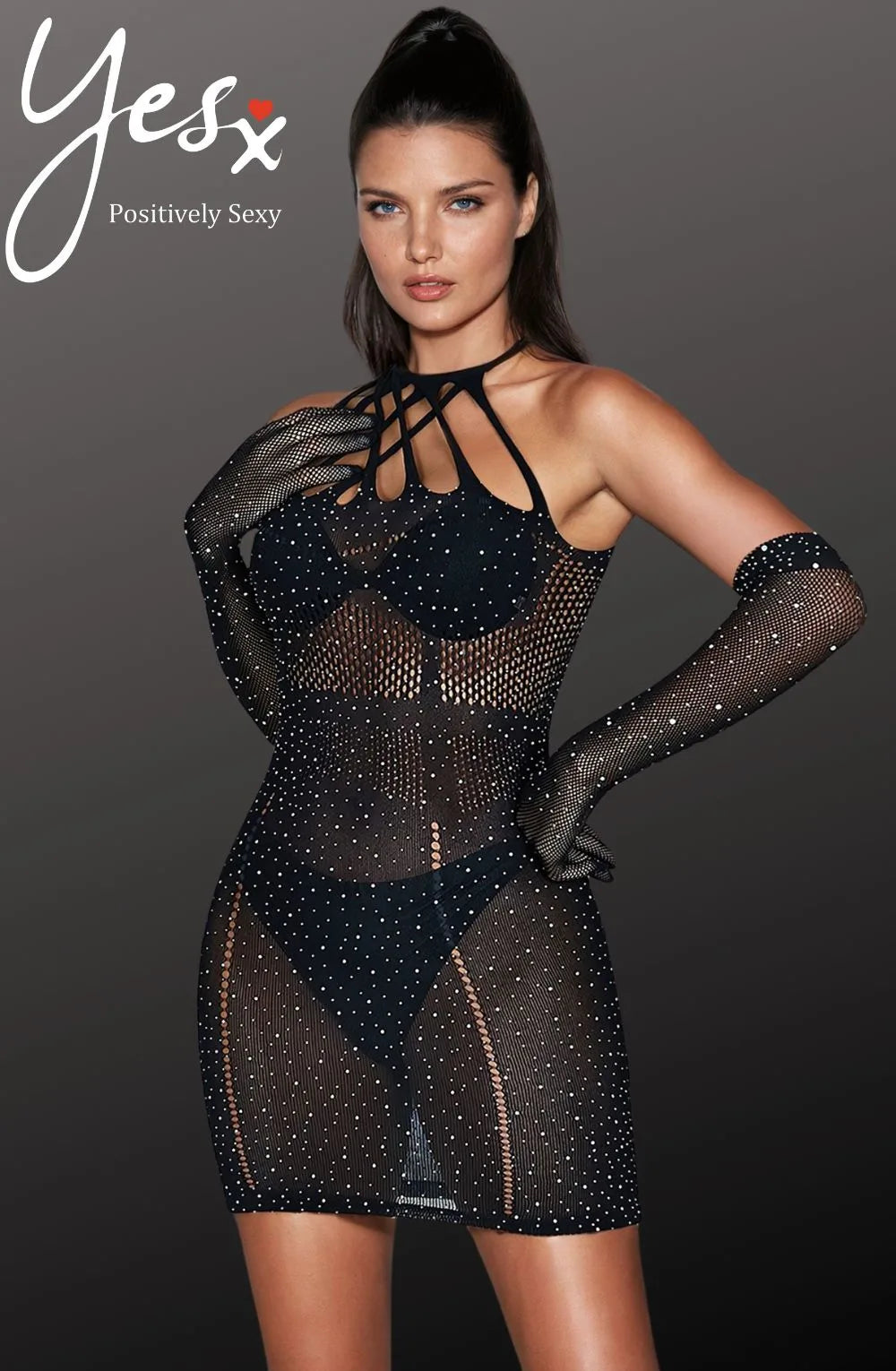 Black Rhinestone Fishnet Mini Dress | Sheer Halter Lingerie Dress